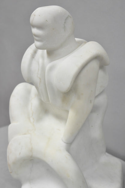 Vintage Seymour Shuren Modern White Carved Marble Male Soldier Figure Sculpture