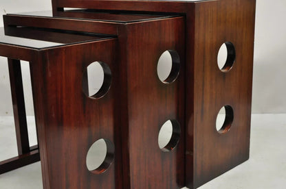 James Mont Mid Century Modern Mahogany & Glass Top Art Deco Nesting Side Tables