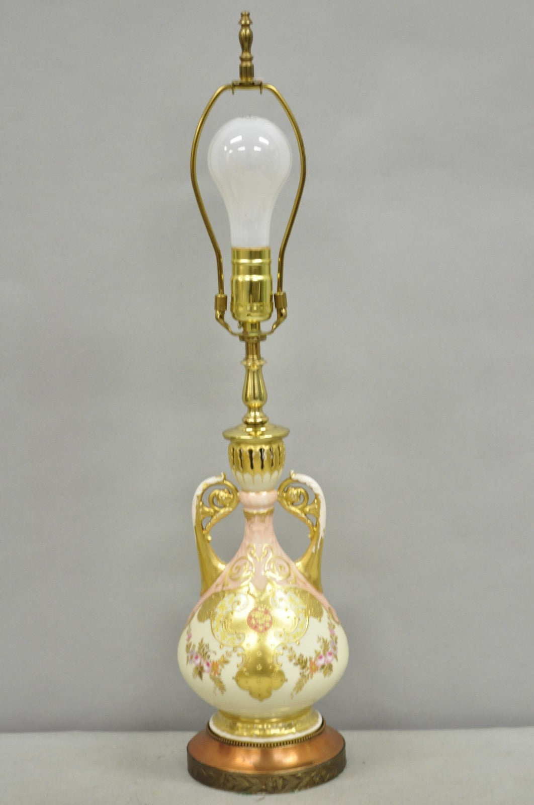 Antique Victorian Austrian Porcelain Pink Gold Gilt Small Boudoir Table Lamp
