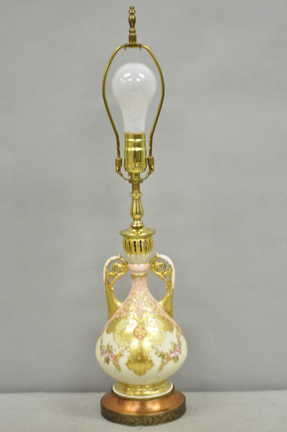 Antique Victorian Austrian Porcelain Pink Gold Gilt Small Boudoir Table Lamp