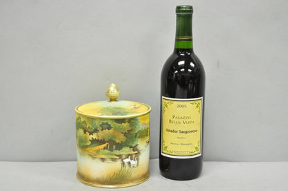 Antique Nippon Hand Painted Coralene Porcelain Lake Duck Scene Biscuit Jar