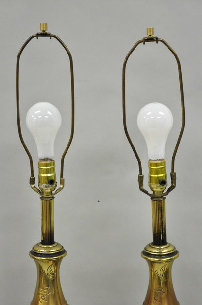 Vintage Chinoiserie Brass Stacked Beehive Table Lamps with Floral Etching - Pair