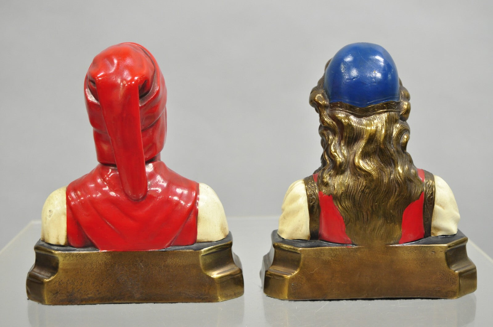 Antique Dante & Beatrice Painted Figural Bronze Bust Bookends - a Pair