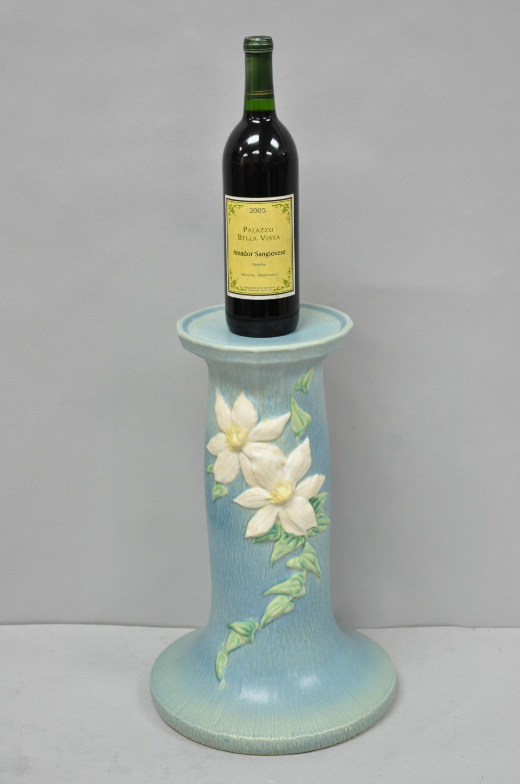 Vintage Roseville USA Blue Clematis Flower Art Pottery Jardiniere Pedestal Base