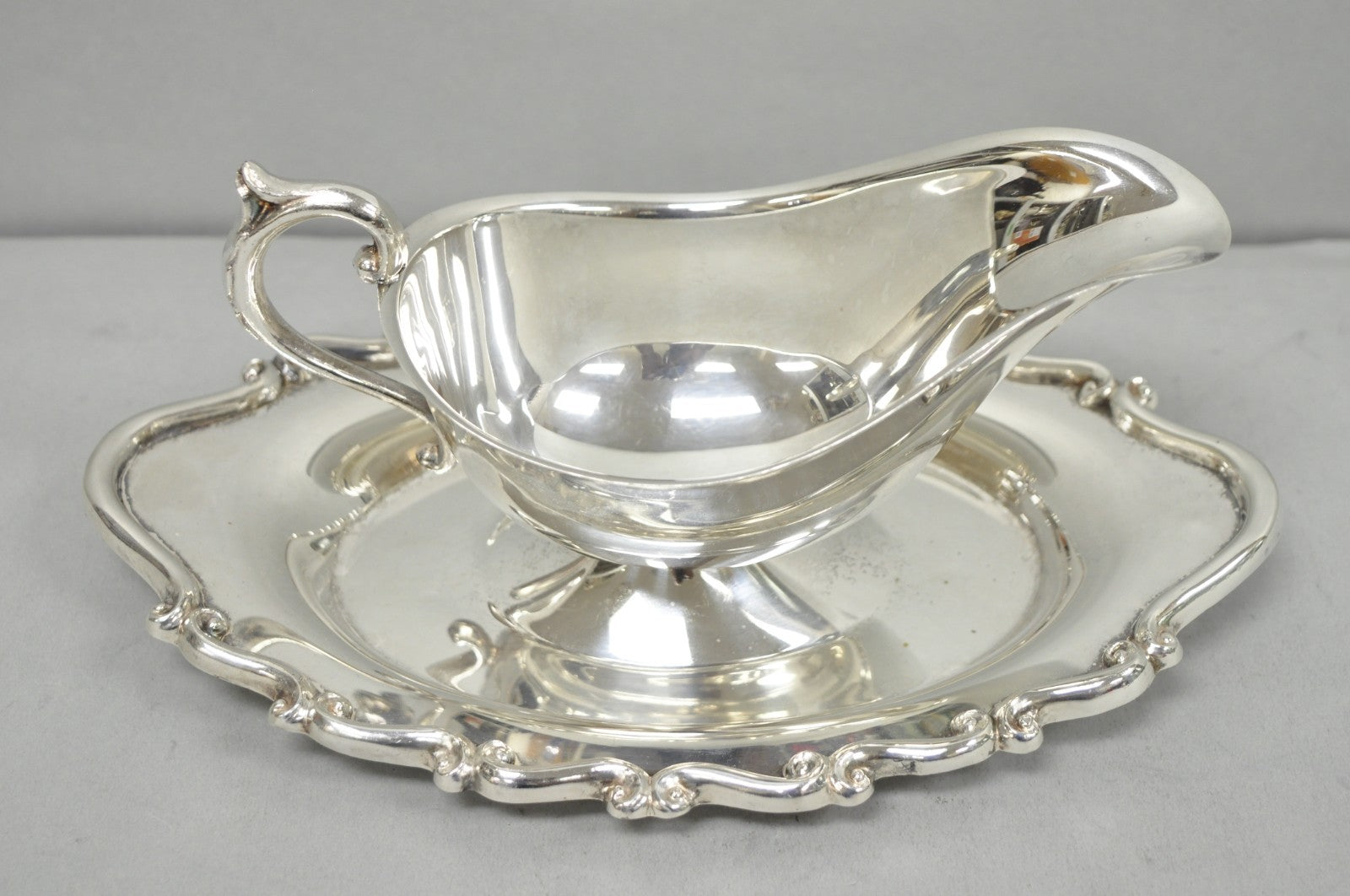 Vintage FB Rogers Silver Plated Victorian Gravy Sauce Boat w/ Attached Dish