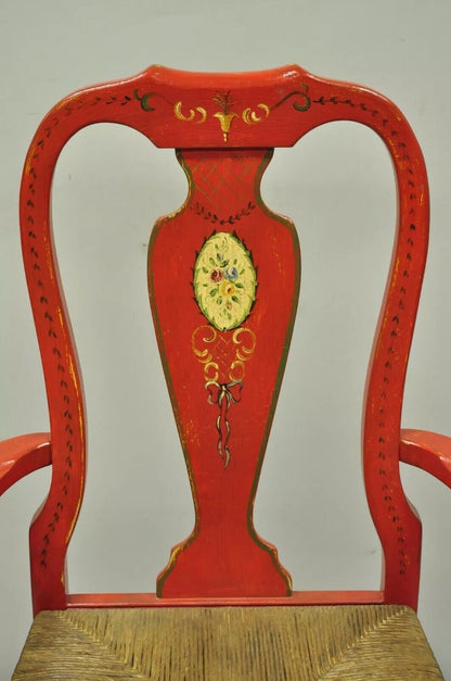 Vintage Queen Anne Style Green and Red Painted Rush Seat Arm Chairs - a Pair