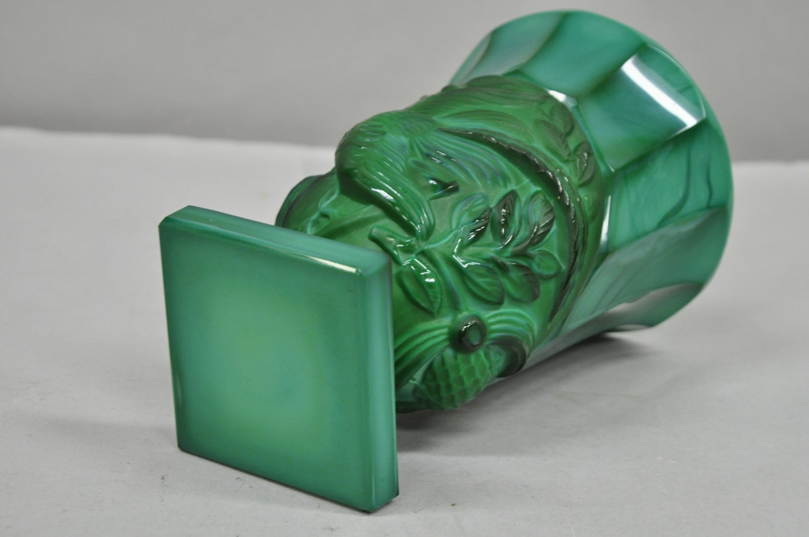 Antique Art Deco Malachite Jade Green Czech Glass Pedestal Vase with Bird