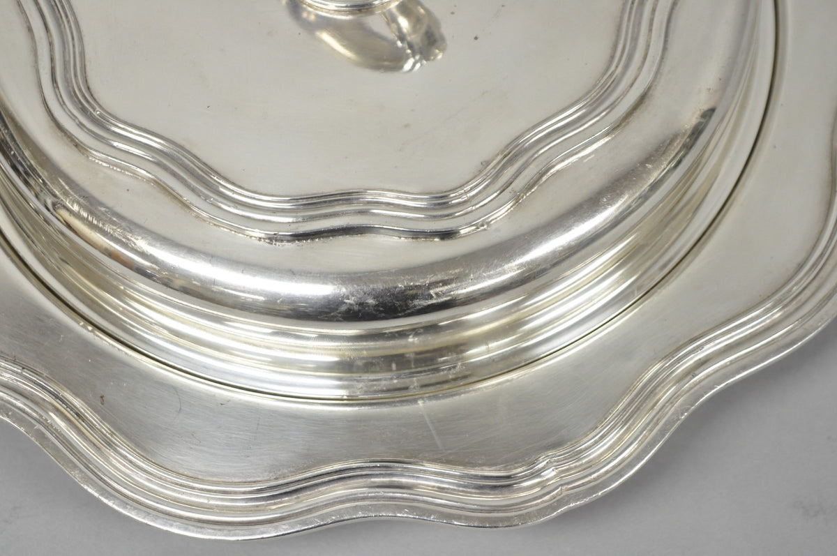 Vintage Sheffield Round Scalloped Silver Plated Covered Divided Serving Dish