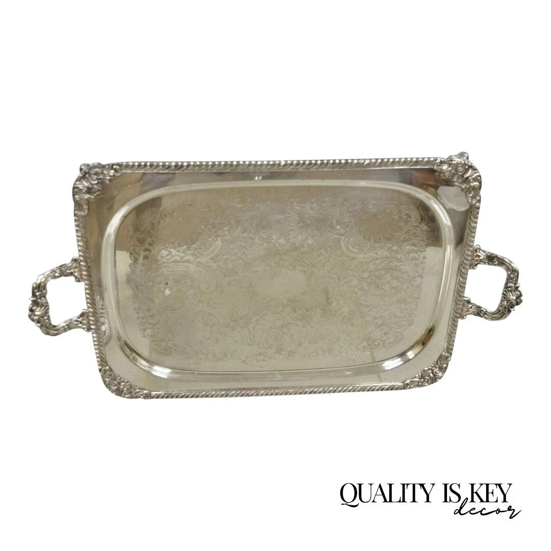 Vintage English Victorian Twin Handle Silver Plated Bar Serving Platter Tray