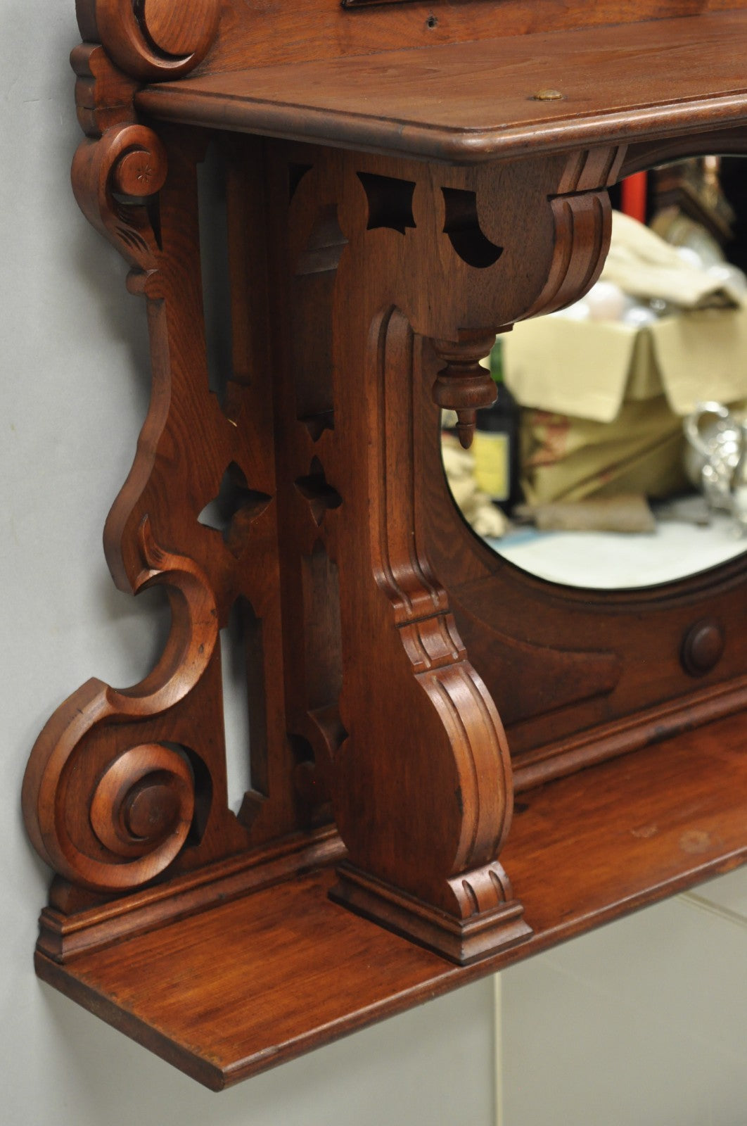 Antique Eastlake Victorian Carved Walnut Oval Mirror Sideboard Backsplash Shelf