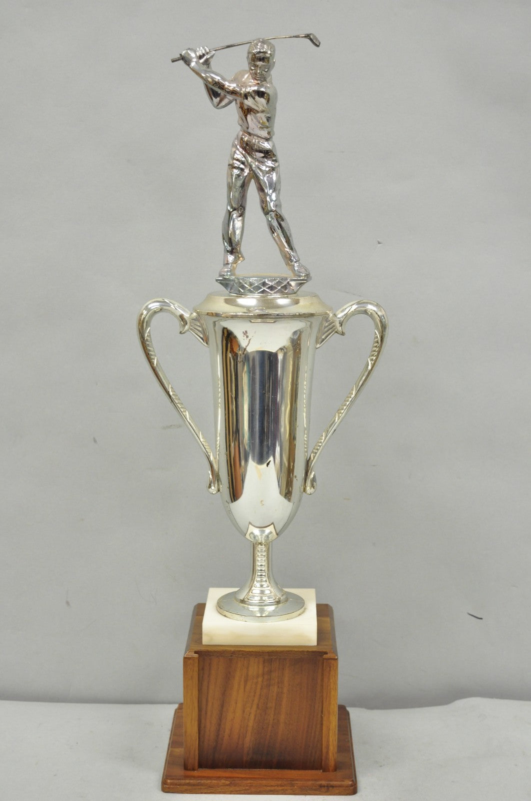 Vintage 1970s Art Deco Silver Metal Marble & Wood Figural Golf Trophy Award Cup