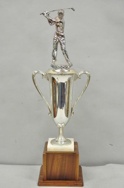 Vintage 1970s Art Deco Silver Metal Marble & Wood Figural Golf Trophy Award Cup