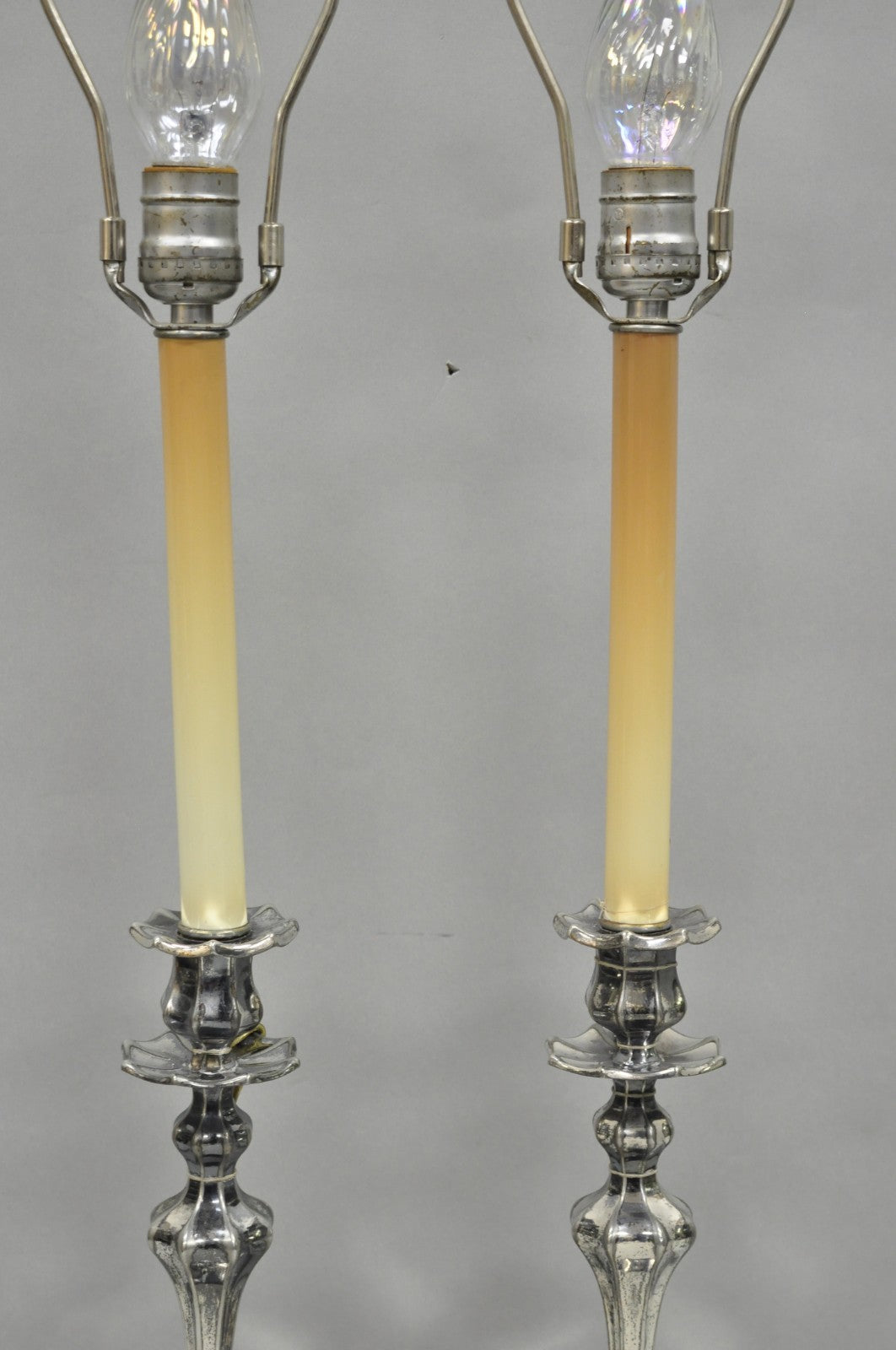 Reed & Barton Art Nouveau Silver Plated Small Candlestick Table Lamps - a Pair