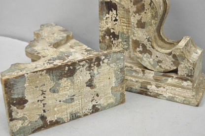 Victorian Carved Wood Blue & White Distress Painted Corbel Wall Bracket - a Pair