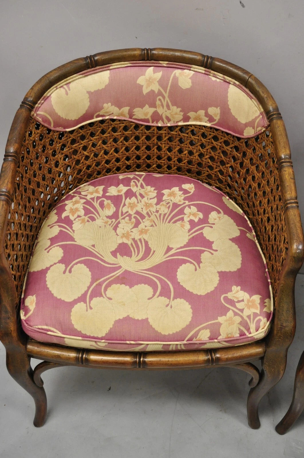 Vintage Hollywood Regency Faux Bamboo Cane Barrel Back Lounge Chairs (A) - Pair