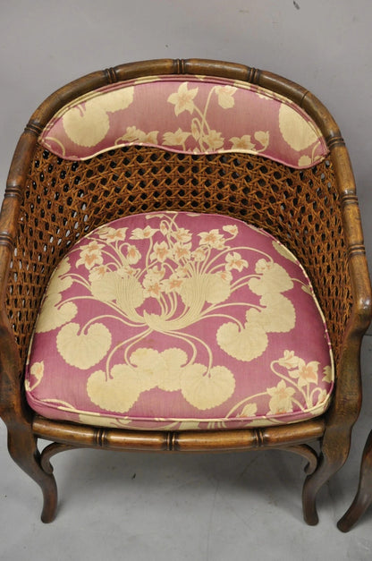 Vintage Hollywood Regency Faux Bamboo Cane Barrel Back Lounge Chairs (A) - Pair