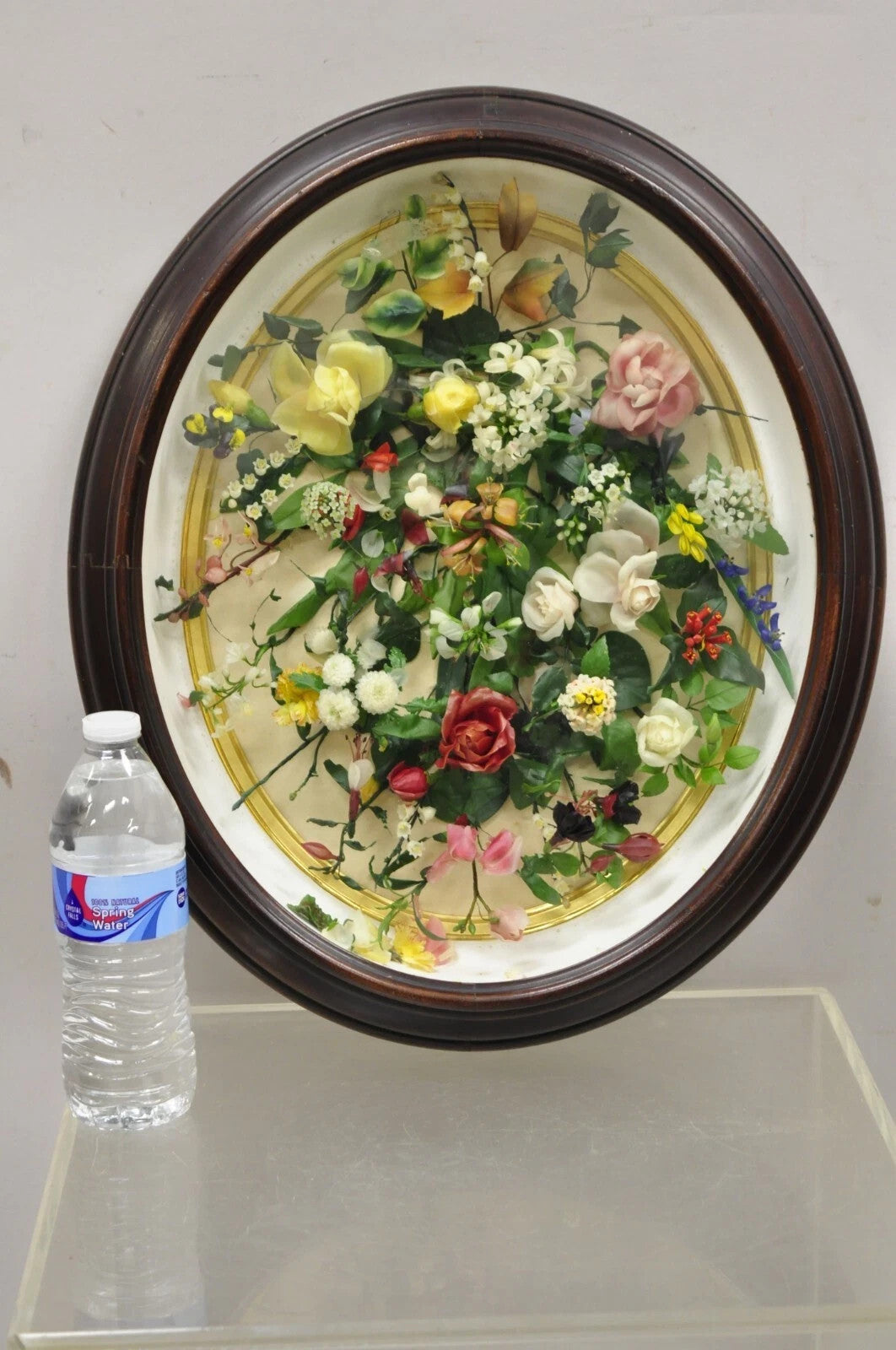 Antique Victorian Wax Floral Mourning Wreath Oval Mahogany Shadow Box Oddity