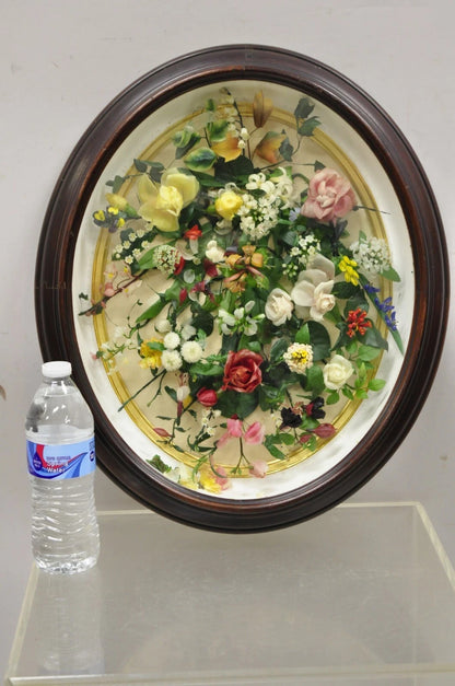 Antique Victorian Wax Floral Mourning Wreath Oval Mahogany Shadow Box Oddity