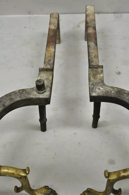 Antique Federal Faceted Brass Cannonball Branch Foot Cast Iron Andirons - a Pair