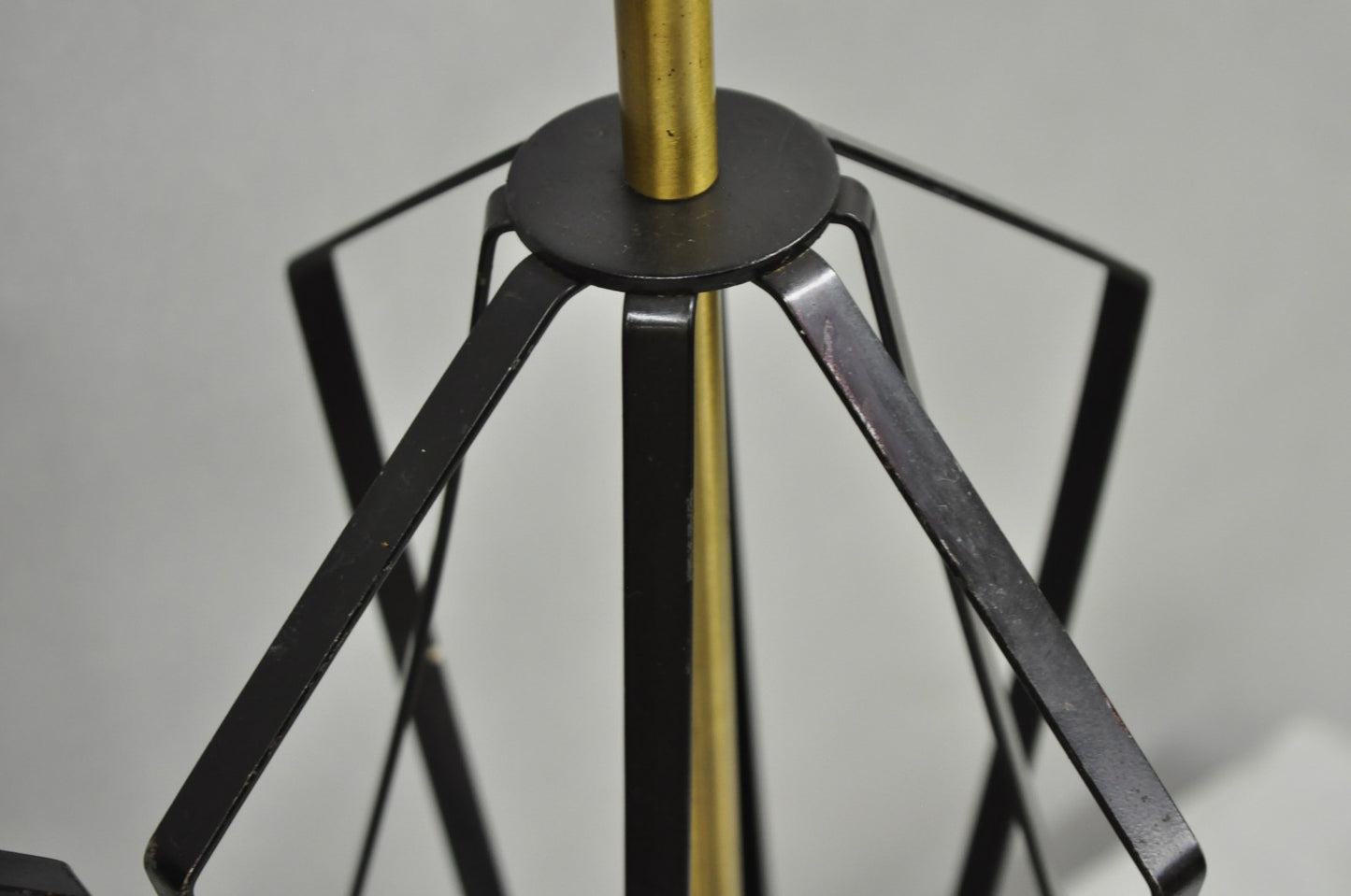 Vintage Mid Century Modern Black Metal & Brass Geometric Helix Table Lamps Pair