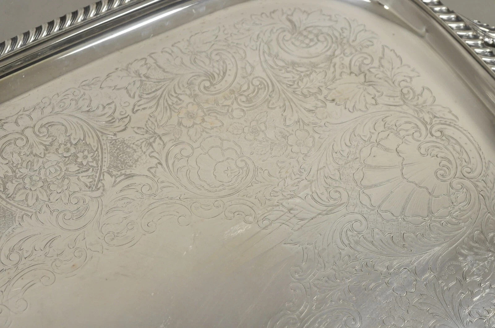 Vintage Victorian EPC Silver Plated Etched Twin Handle Serving Platter Bar Tray