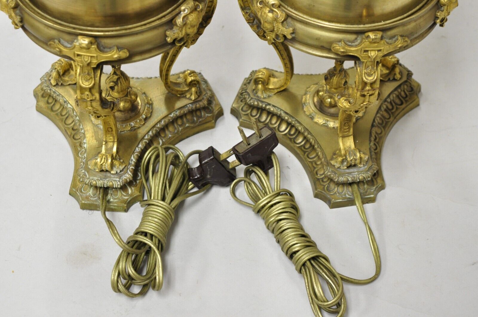 Antique Carcel Paris French Renaissance Gold Gilt Bronze Oil Table Lamp - a Pair