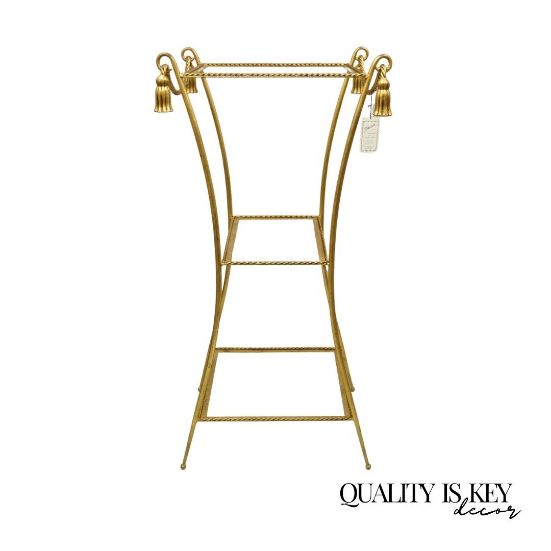 Italian Hollywood Regency Iron Rope Tassel Gold 3 Tier Display Stand Pedestal