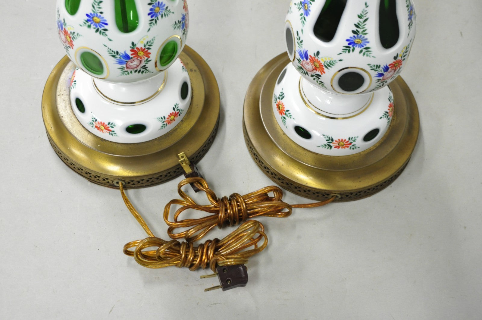 Antique Czech Bohemian Glass Emerald Green Flower Painted Table Lamps - a Pair