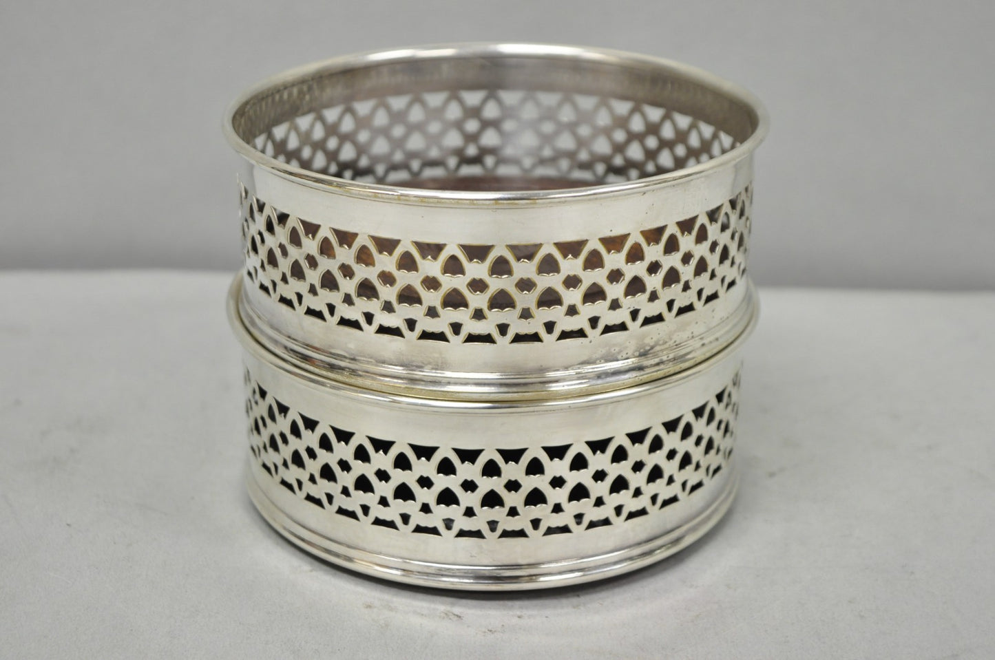Vintage English Victorian Wood & Silver Plated Bar Wine Bottle Coaster - a Pair