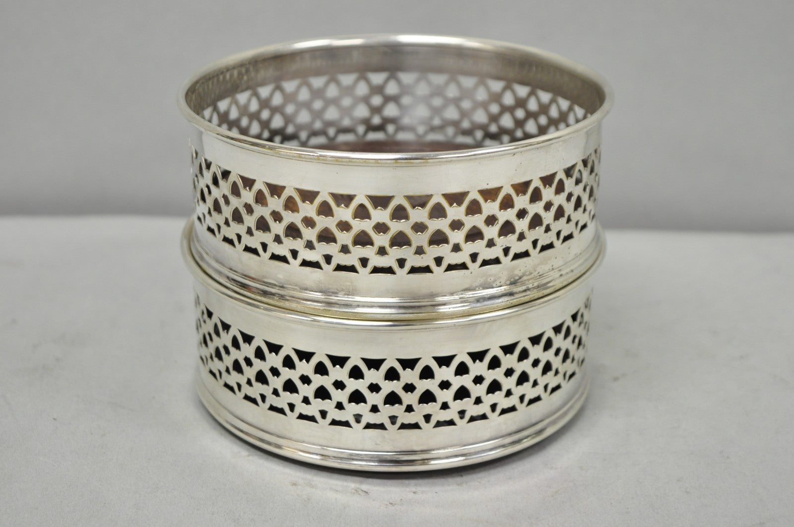 Vintage English Victorian Wood & Silver Plated Bar Wine Bottle Coaster - a Pair