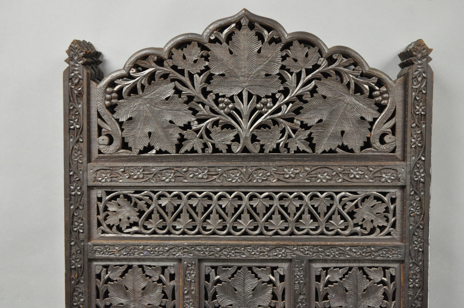 Vintage Anglo Indian Carved Teak Wood 4 Panel Room Divider Folding Screen