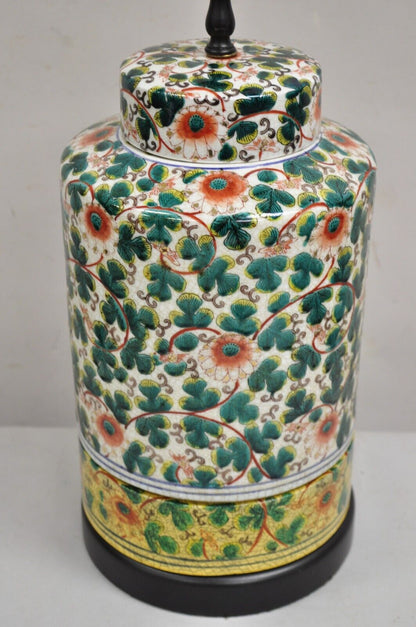 Vintage Chinoiserie Chinese Ginger Jar Green Flower Painted Oriental Table Lamp