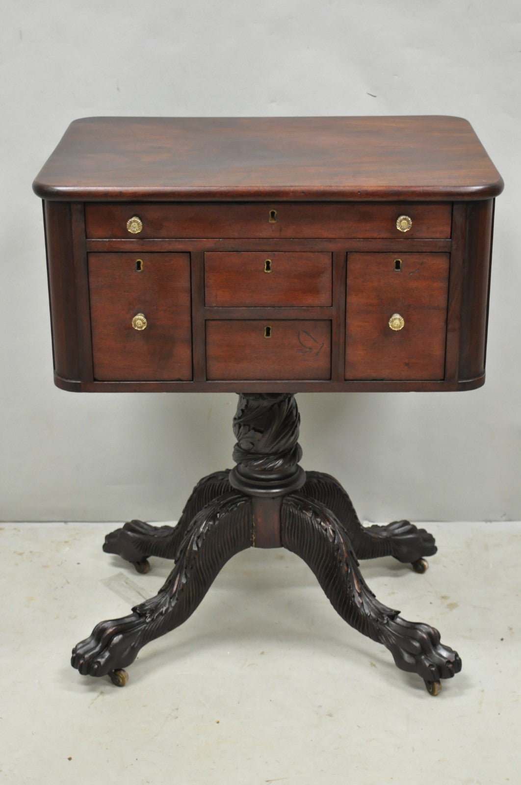 Antique American Empire Carved Paw Foot Pedestal Base Work Stand Side Table