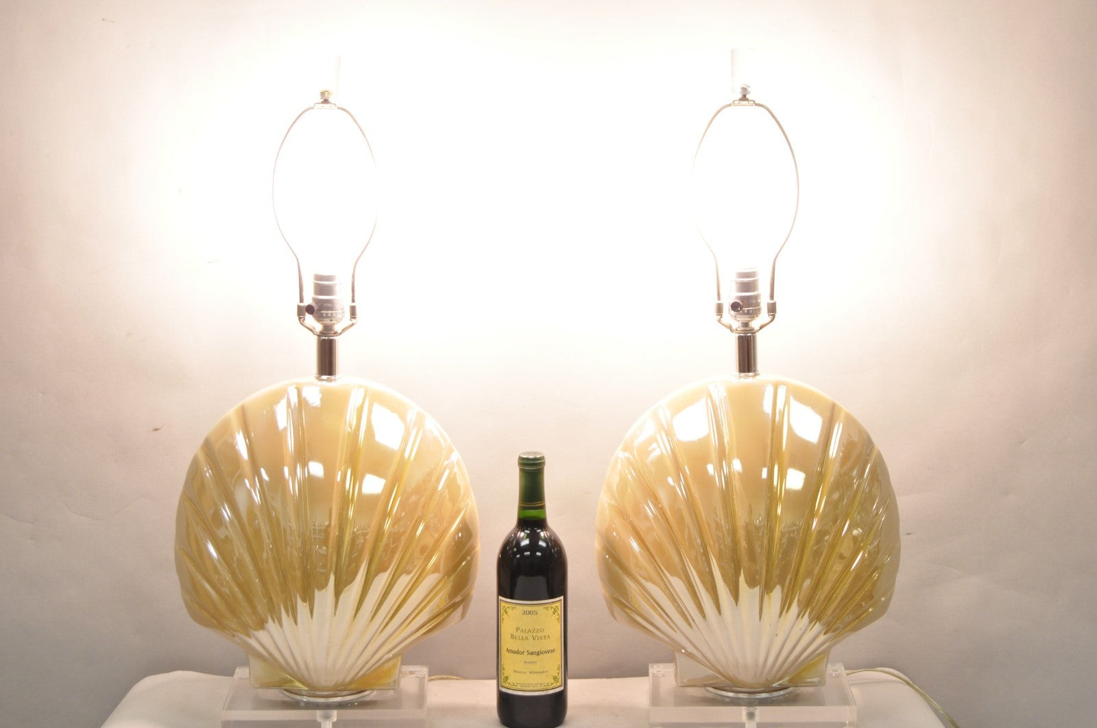 Mid Century Modern Iridescent Gold Ceramic Pottery Clam Shell Table Lamp - Pair
