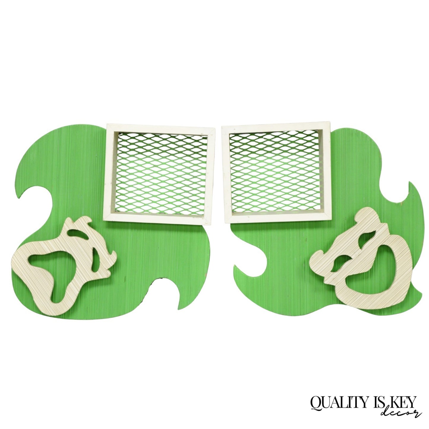 Vintage Mid Century Modern Green Theater Mask Shadowbox Wall Pocket Shelf - Pair