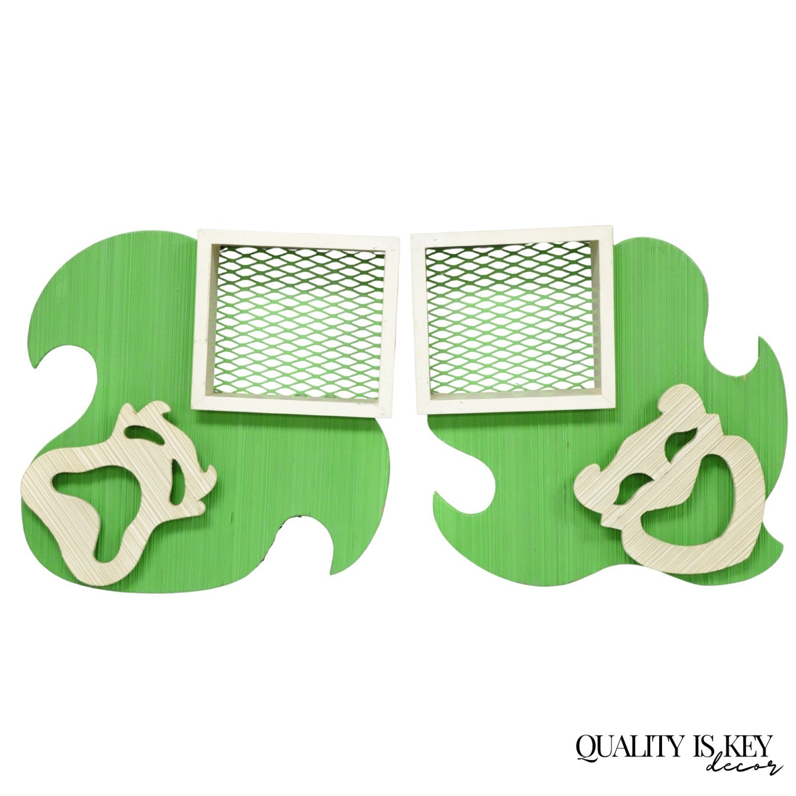 Vintage Mid Century Modern Green Theater Mask Shadowbox Wall Pocket Shelf - Pair
