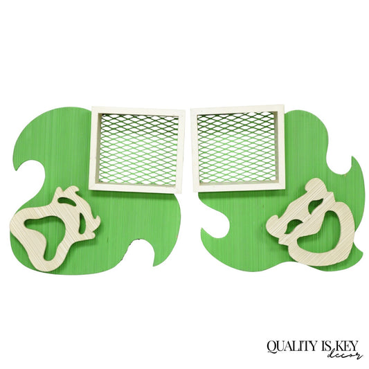 Vintage Mid Century Modern Green Theater Mask Shadowbox Wall Pocket Shelf - Pair