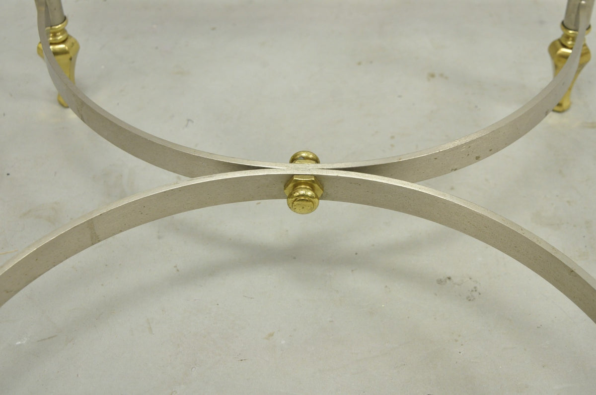Vintage French Directoire Maison Jansen Style Steel Brass Low Square Side Table