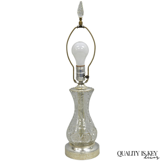 Antique Victorian Cut Glass Silver Plated Small Boudoir Vanity Table Lamp