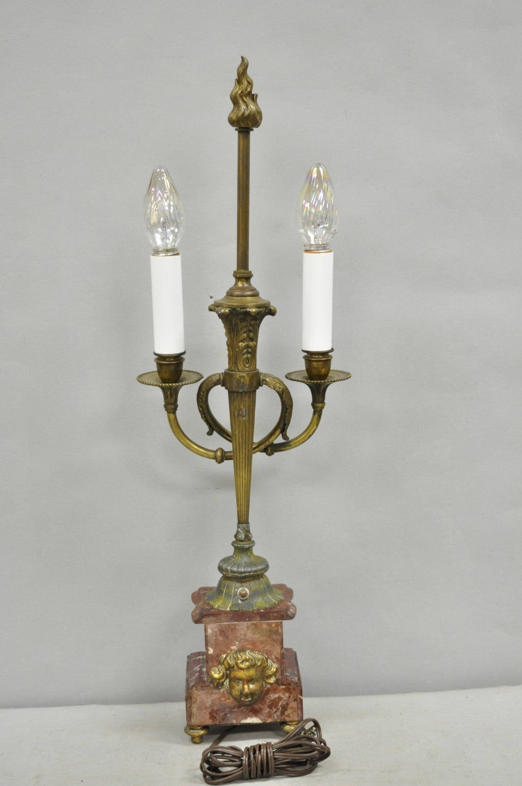 Antique French Neoclassical Bronze Torch & Trumpet Arm Marble Base Table Lamp