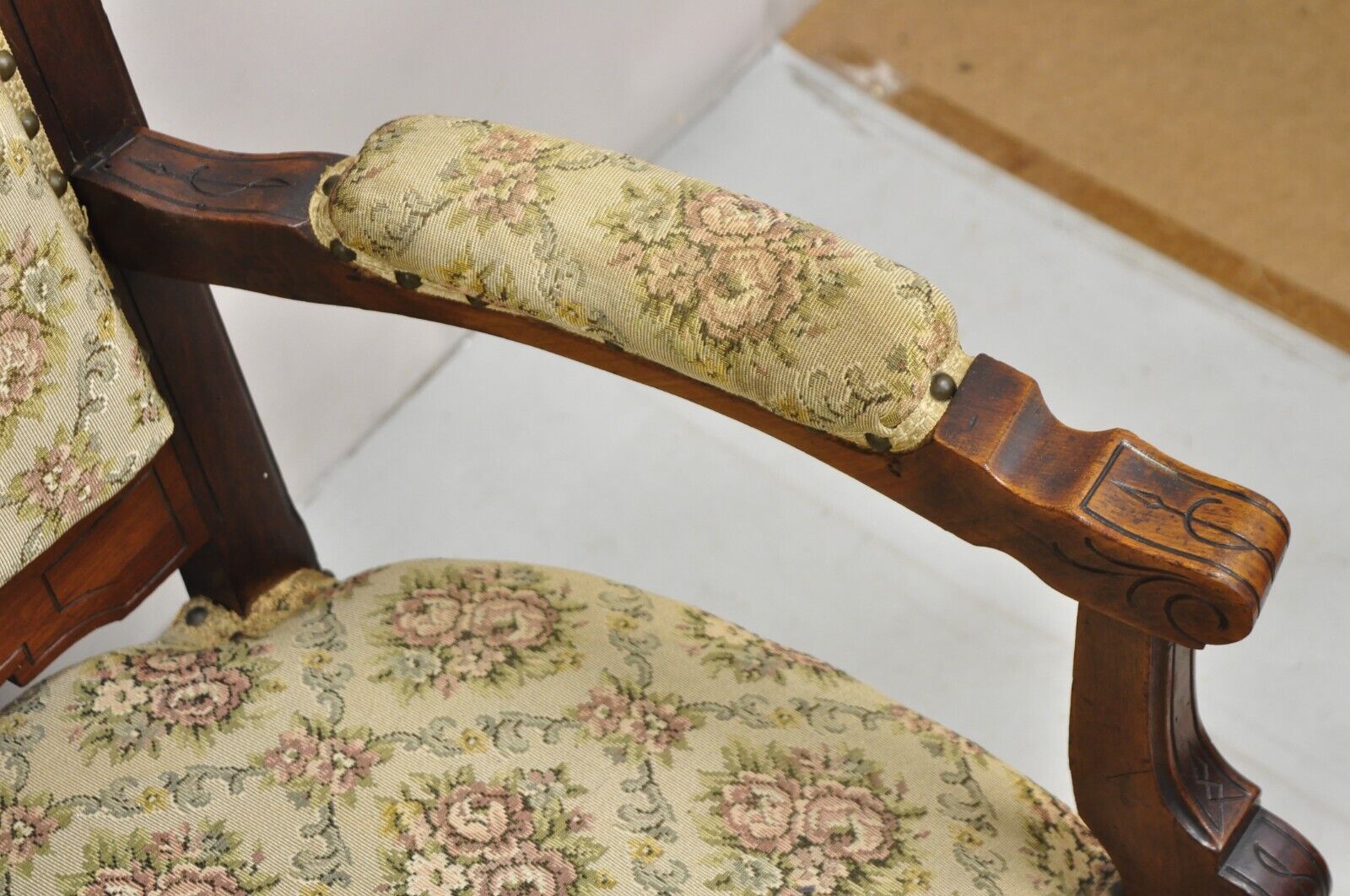 Antique Eastlake Victorian Carved Walnut Floral Upholstered Parlor Sofa Loveseat