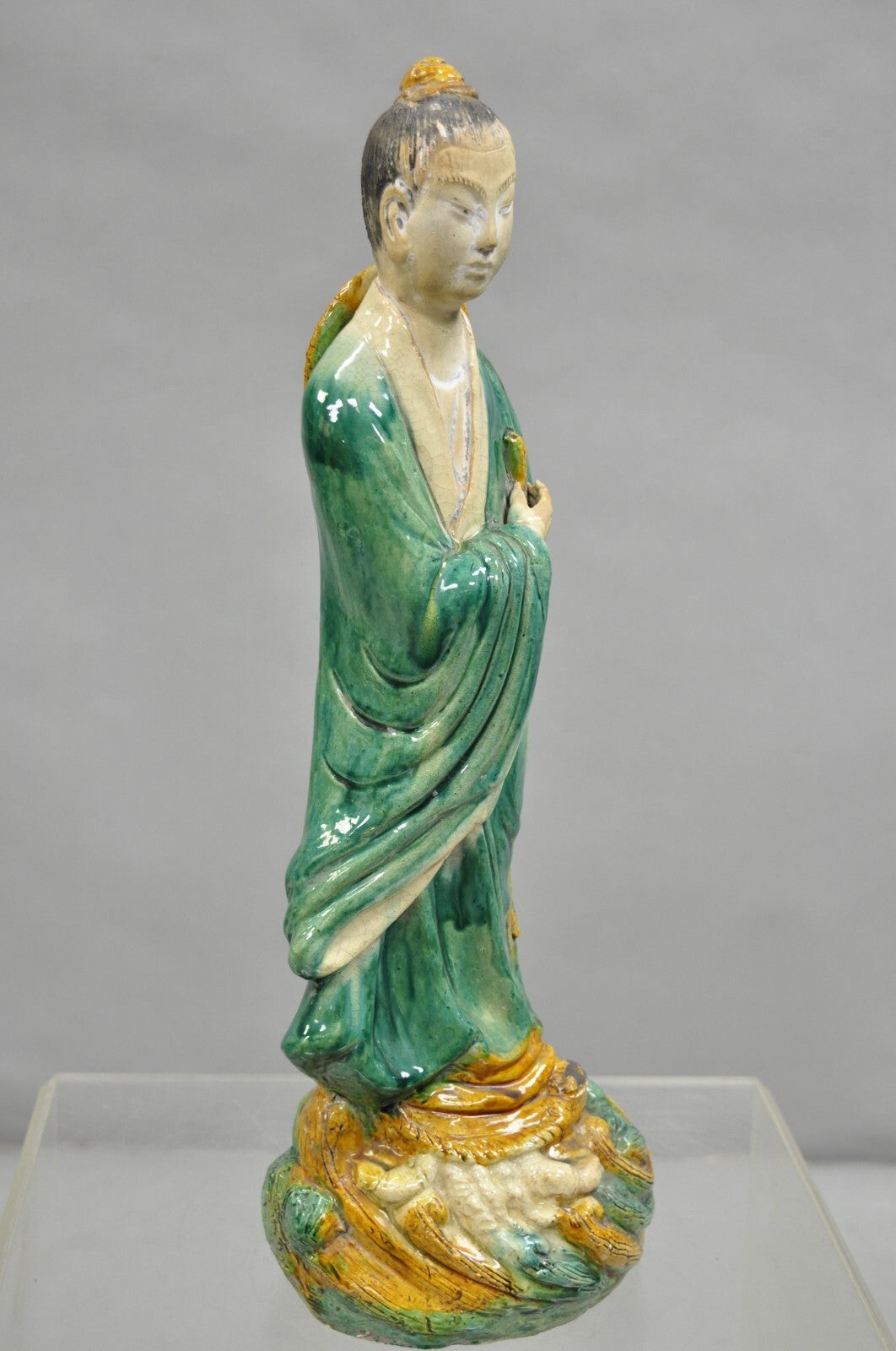 Antique Chinese Green Sancai Glazed Pottery 21" Guanyin Sculpture Figure