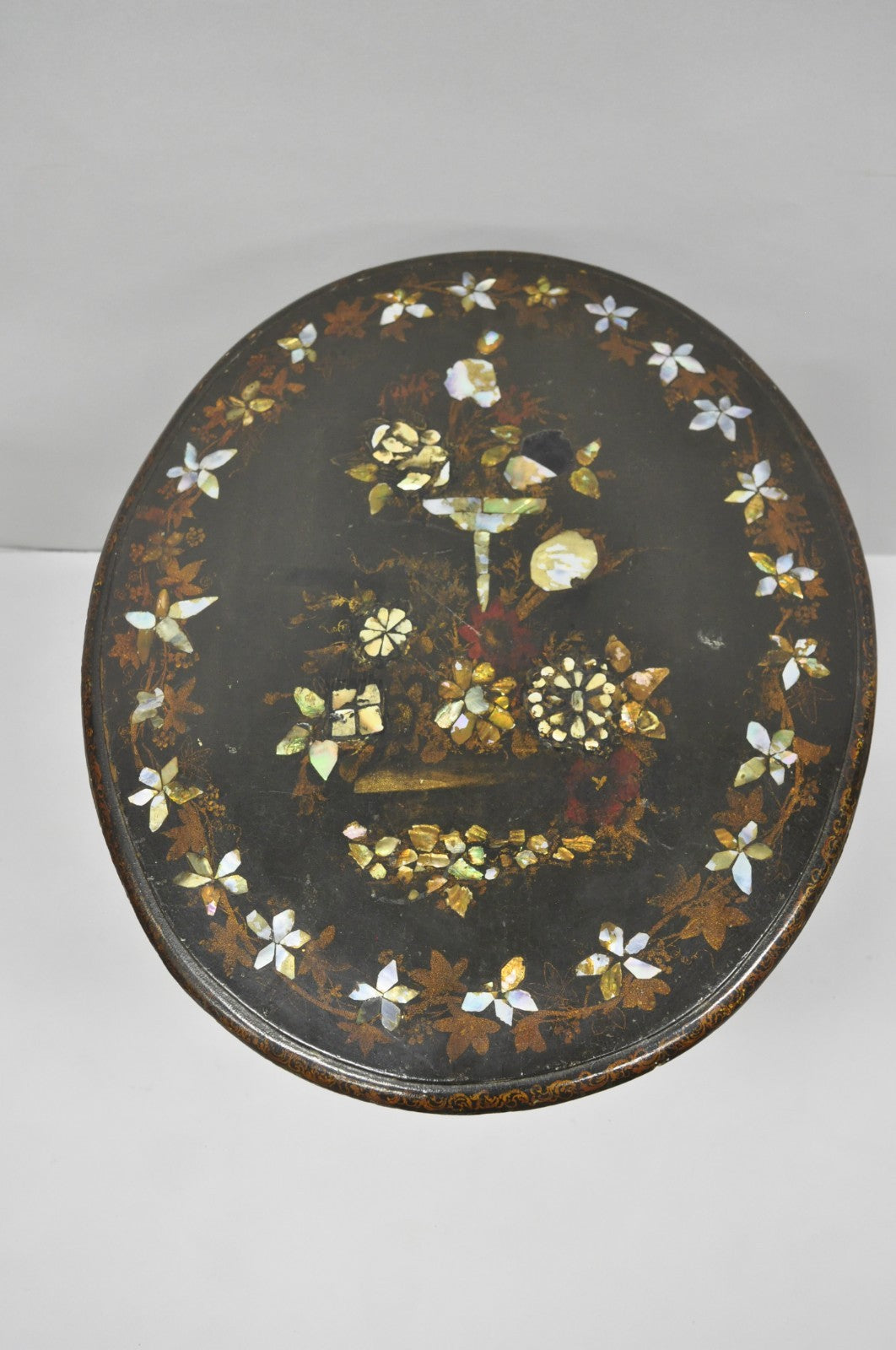 Antique English Victorian Mother of Pearl Inlay Black Lacquer Tilt Top Table