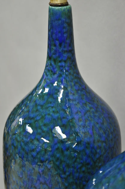 Mid Century Modern Blue & Green "Peacock" Glazed Ceramic Pottery Table Lamp Pair