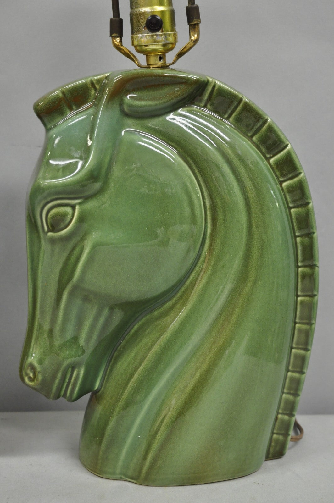 Vintage Mid Century Modern Green Glazed Ceramic Horse Head Table Lamps - a Pair