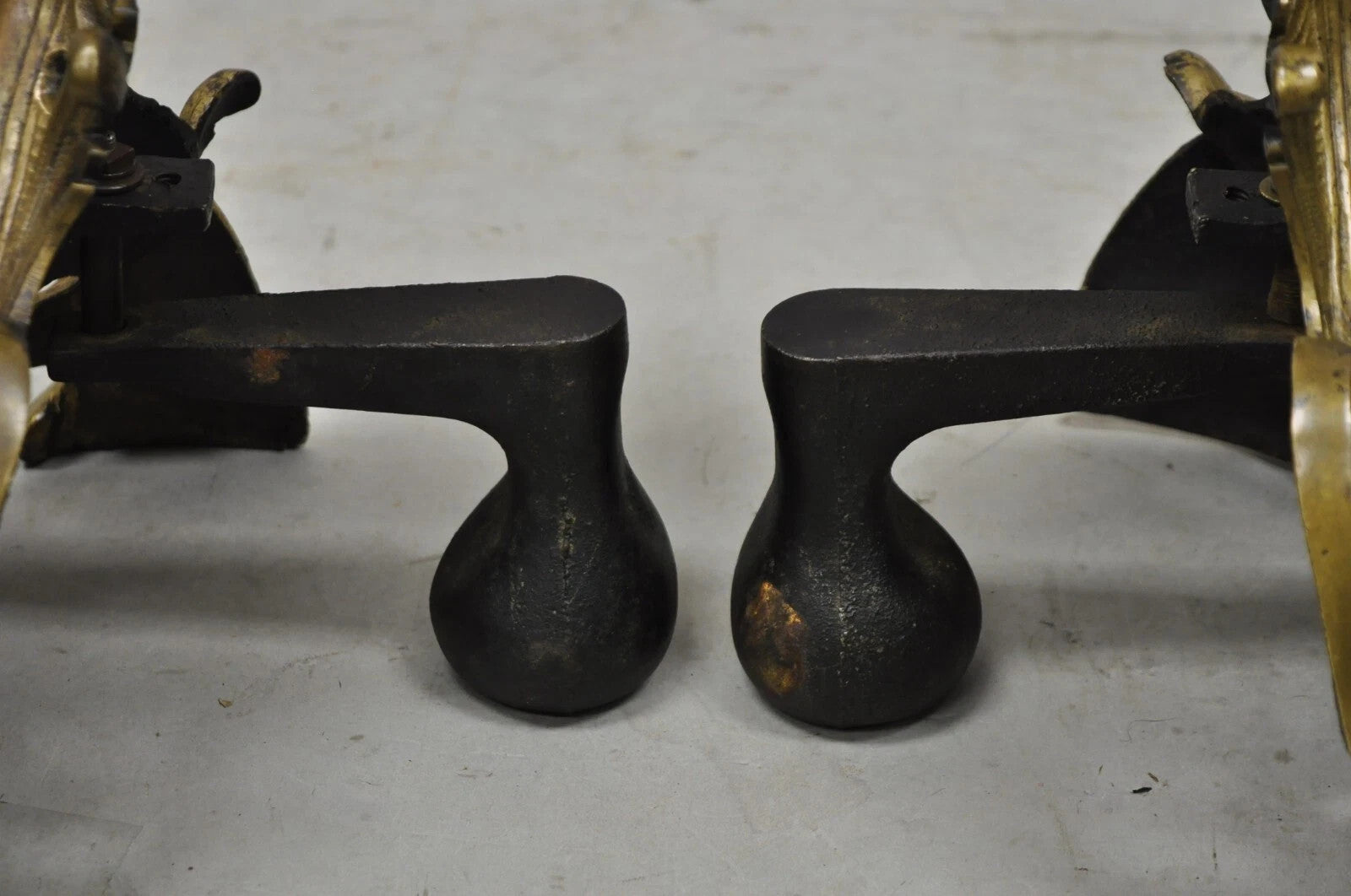 Vintage French Rococo Bronze Acanthus Leafy Scroll Fireplace Andirons - a Pair