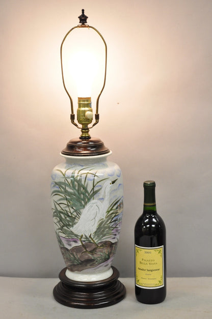 Vintage Chinoiserie Chinese Porcelain Jardiniere Table Lamp w Painted Crane Bird