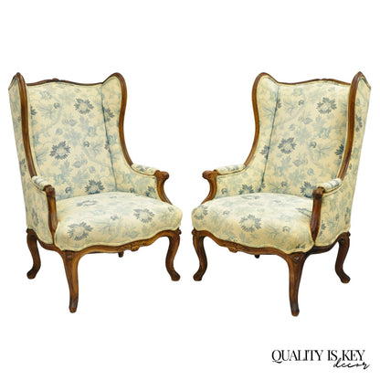 Antique French Country Provincial Carved Walnut Wingback Lounge Chairs Pair