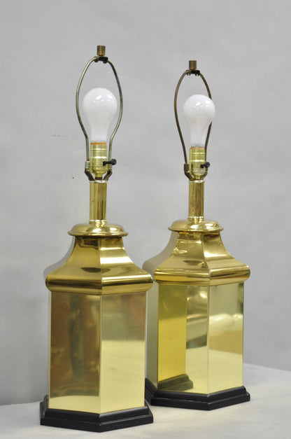 Vintage Chinoiserie Brass Hexagonal Oriental Ginger Jar Table Lamps - a Pair