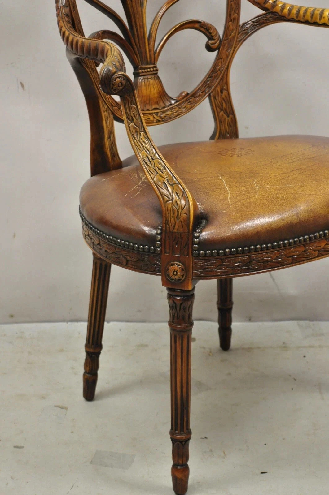 Theodore Alexander Neoclassical Regency Style Carved Mahogany Leather Arm Chair